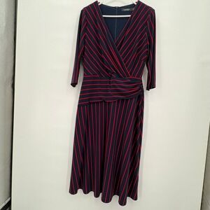Lauren Ralph Lauren Black Label Navy Red Striped  Midi Dress 3/4 Sleeve Size 10